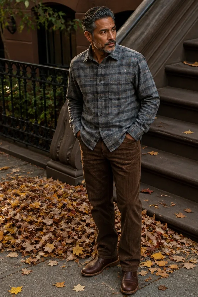 Gray flannel shirt with brown corduroy trousers and leather boots