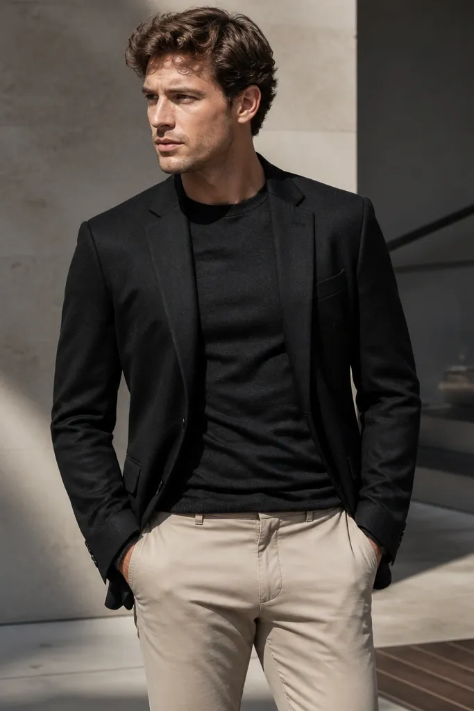Black suit jacket over a soft knit shirt with chino pants