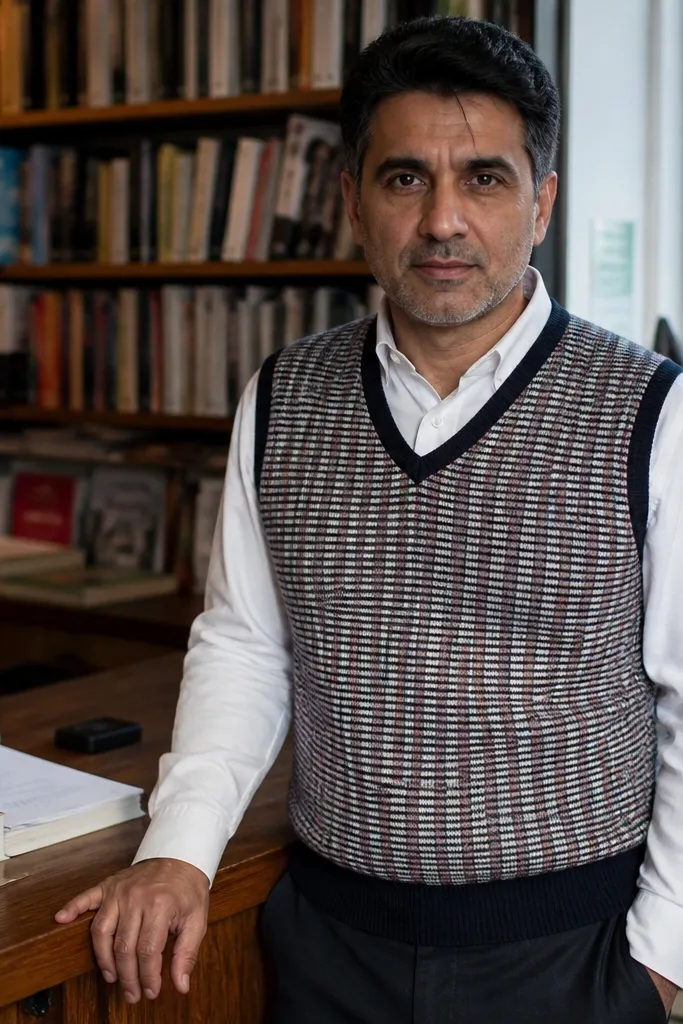 White shirt with patterned knit vest and dark trousers
