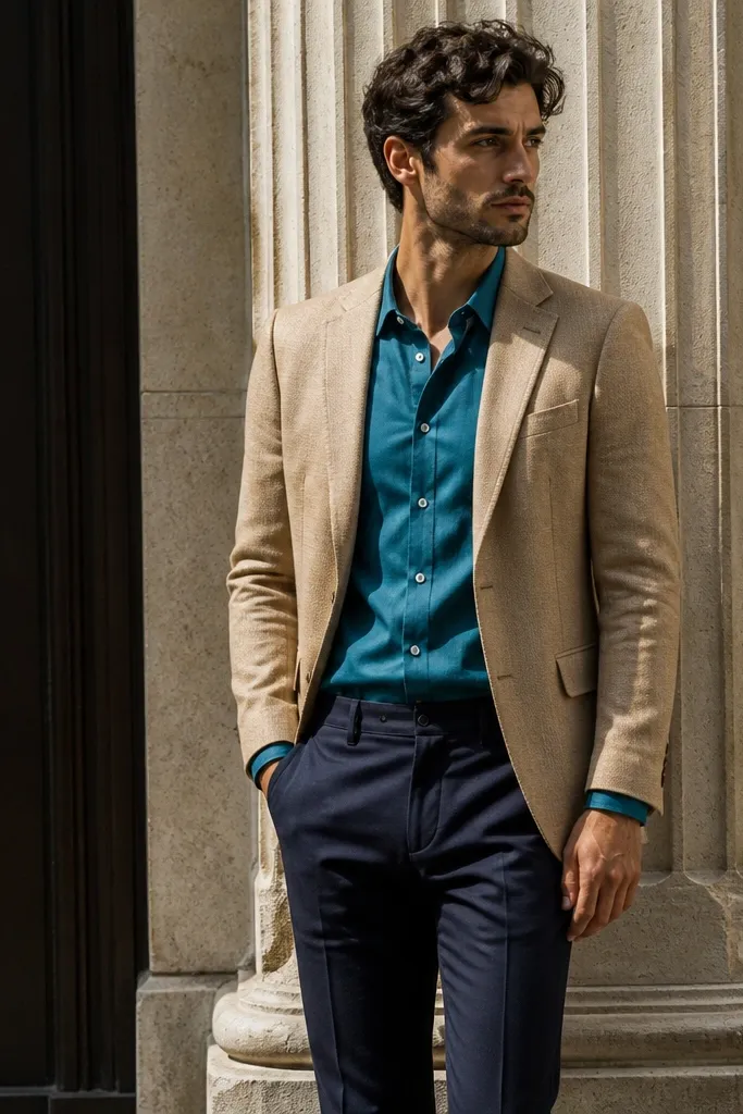 Teal button-down with tan blazer and navy trousers