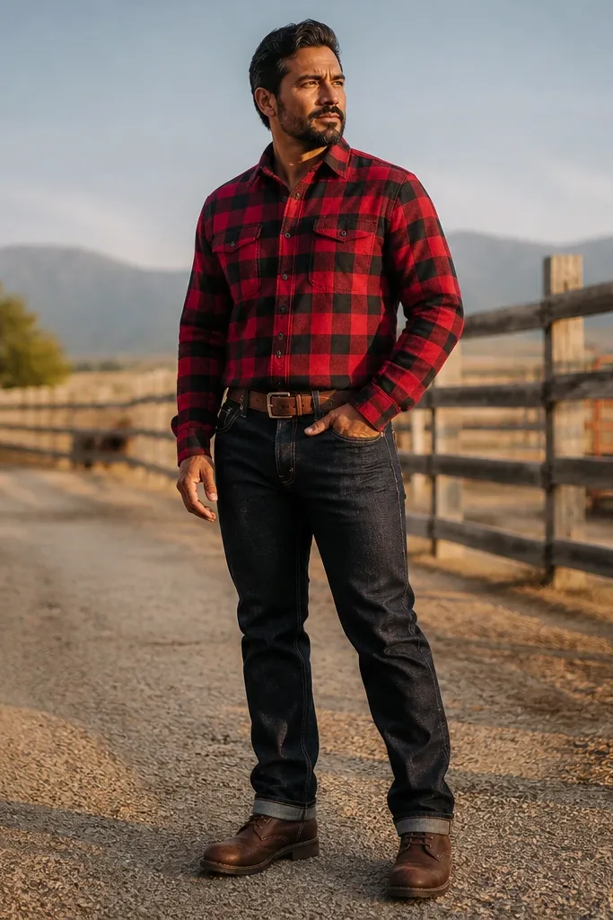 Red buffalo plaid flannel over dark indigo jeans with brown boots