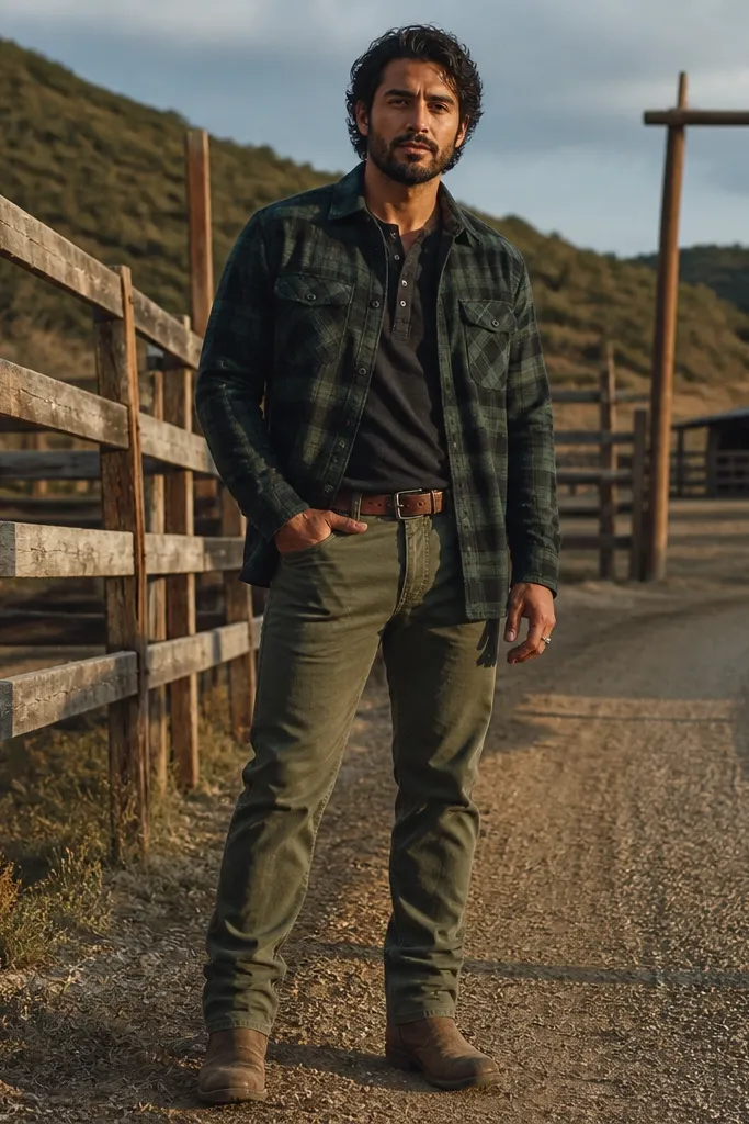 Black watch flannel layered over a dark henley with olive canvas pants