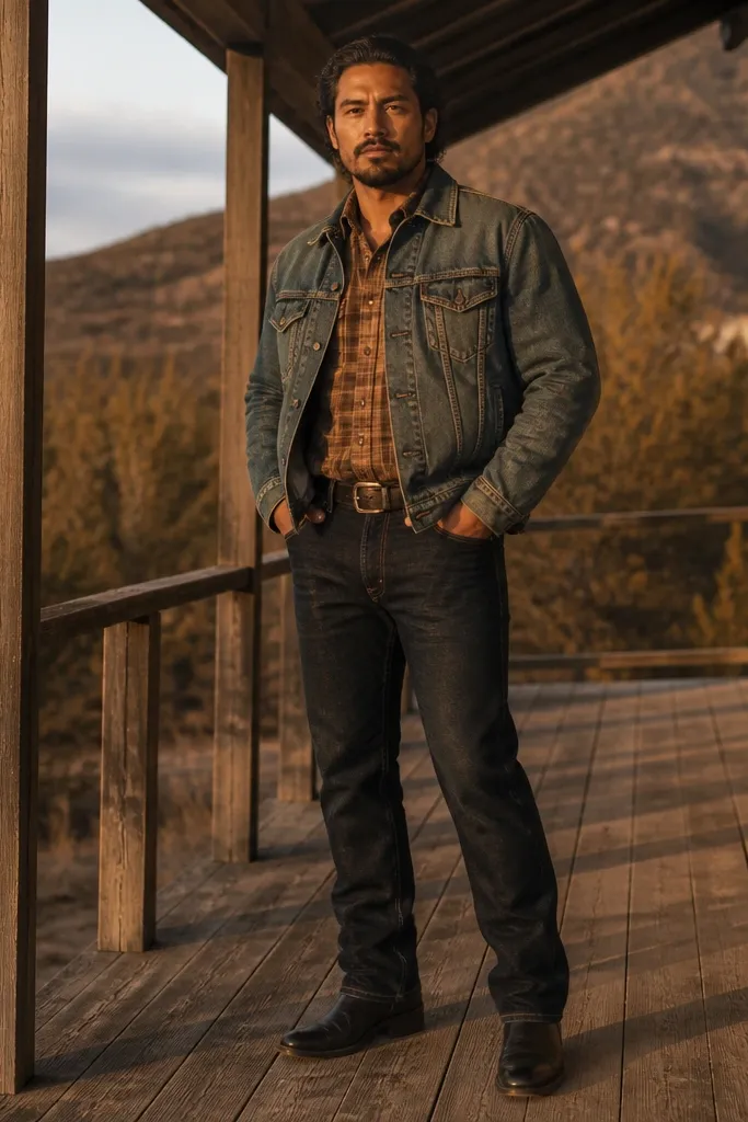 Tan plaid flannel under a stonewashed denim jacket with dark jeans and boots