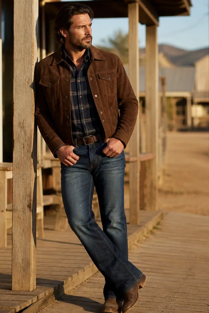 Navy plaid flannel with brown suede jacket and bootcut jeans
