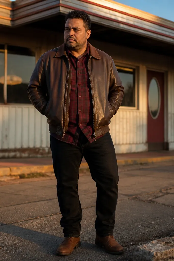 Burgundy flannel shirt with black jeans and a brown leather bomber jacket