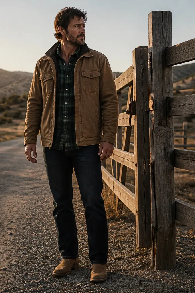 Green plaid flannel under a tan chore jacket with straight dark jeans
