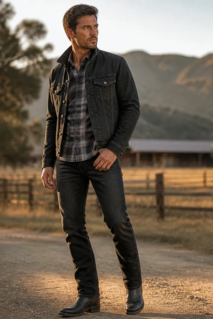 Charcoal flannel with black denim jacket and washed black jeans and boots