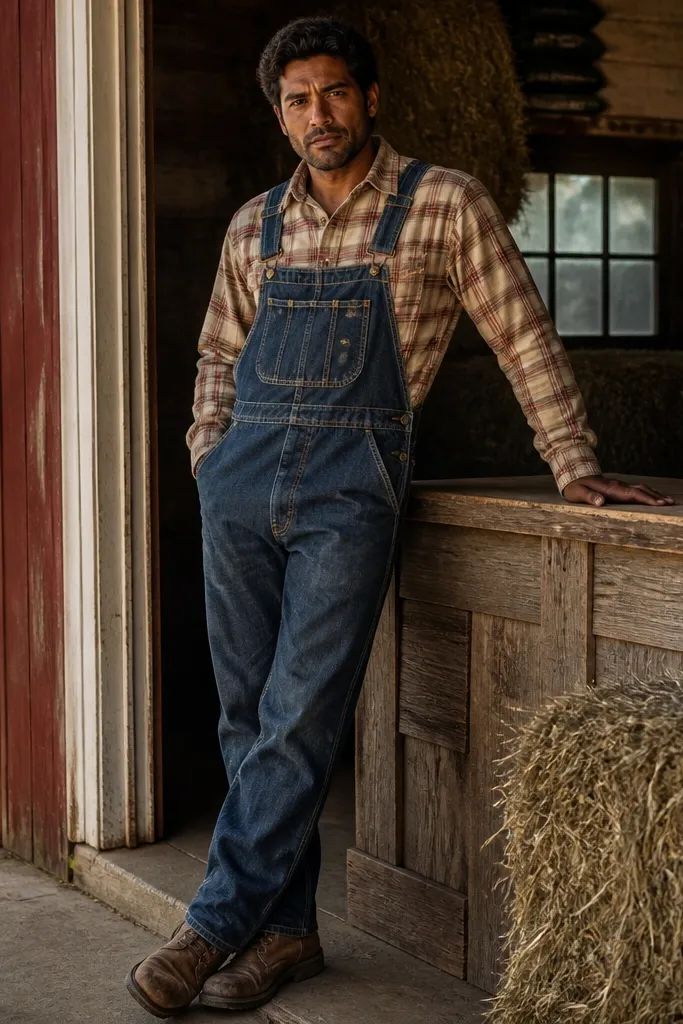 Beige plaid flannel worn with indigo overalls and brown work boots