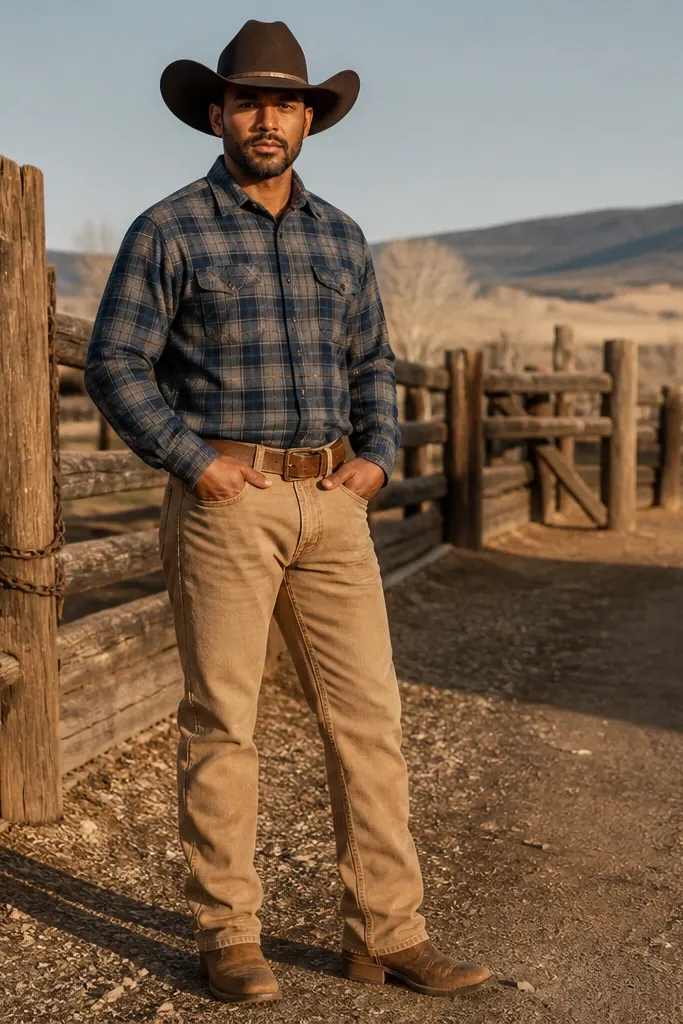 Blue plaid flannel with tan jeans and brown boots