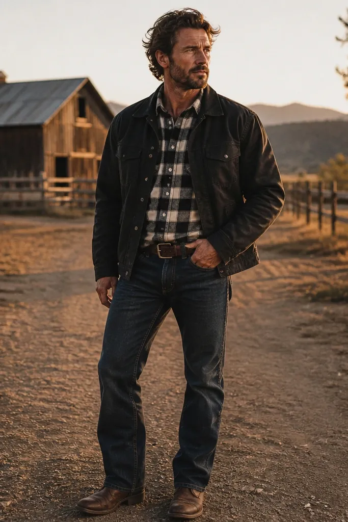 Black-and-cream flannel under a ranch jacket with dark straight jeans and boots