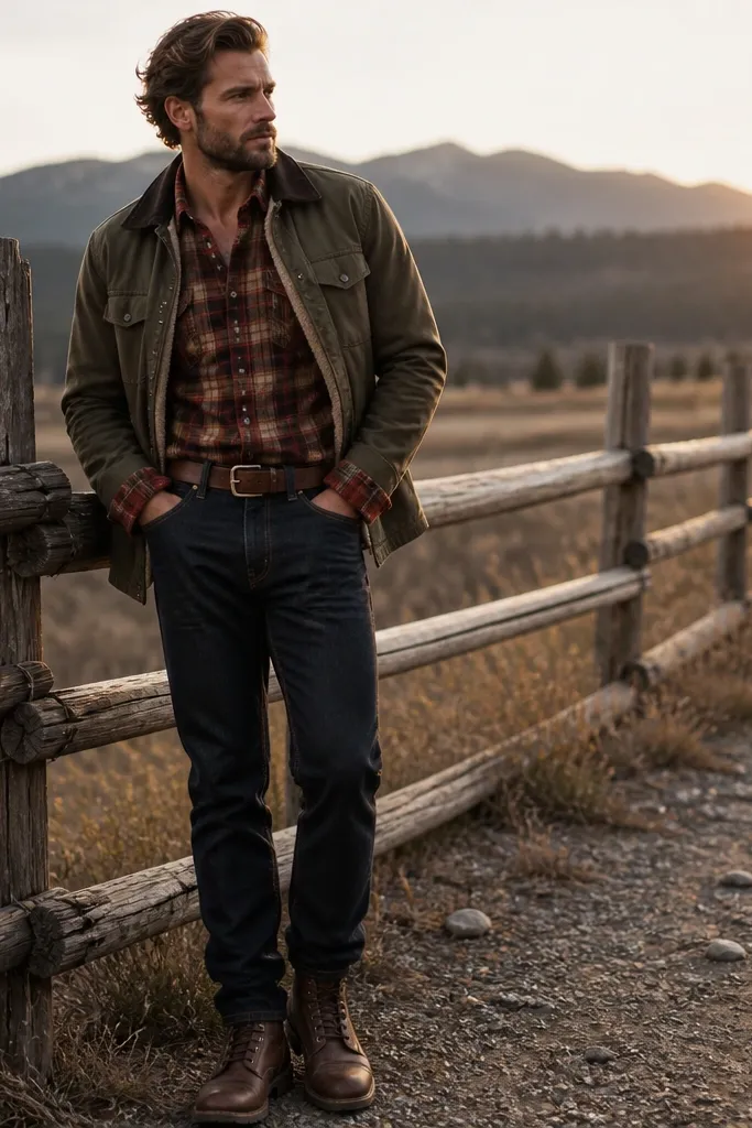 Rust plaid flannel with an olive jacket and brown belt with dark jeans