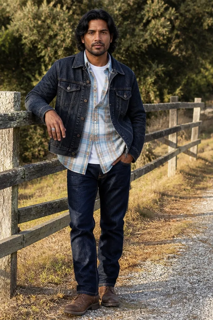 Pastel plaid flannel over a white tee with indigo jacket and jeans