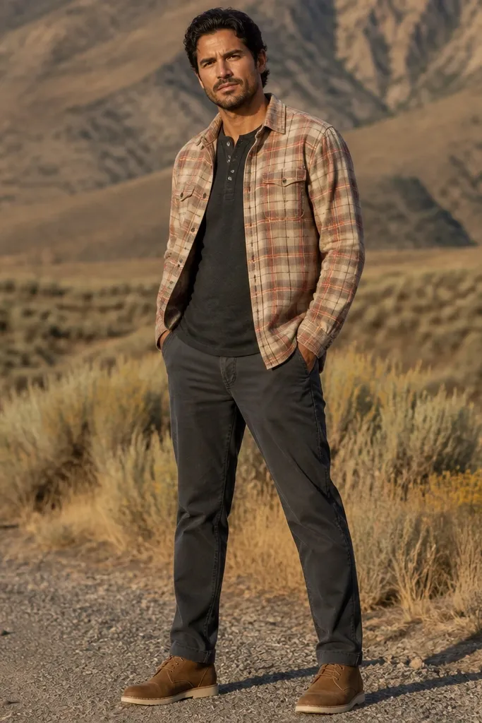 Sandstone flannel with dark chinos and suede desert boots