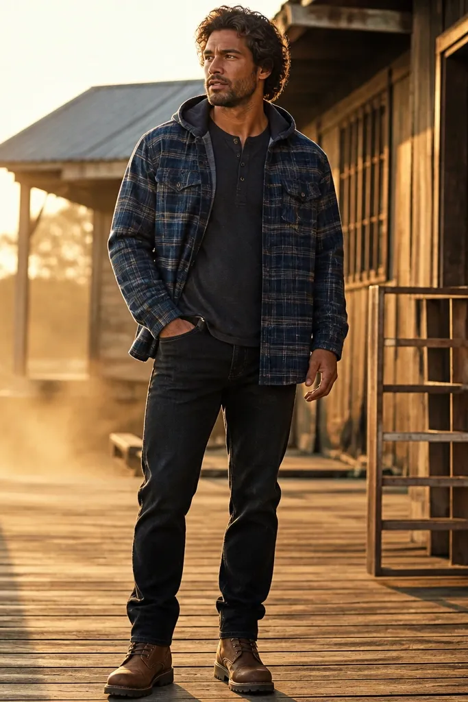 Navy flannel hoodie with black denim jeans and brown logger boots