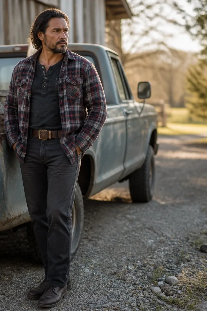 Plaid flannel overshirt belted over dark work pants with rugged boots
