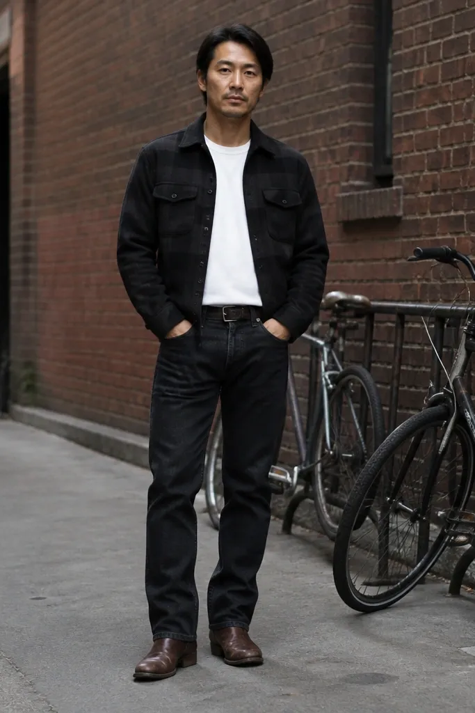 Black cropped flannel over white tee with dark jeans and brown boots