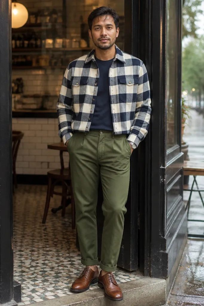 Navy and cream cropped buffalo check flannel with olive chinos and tan sneakers