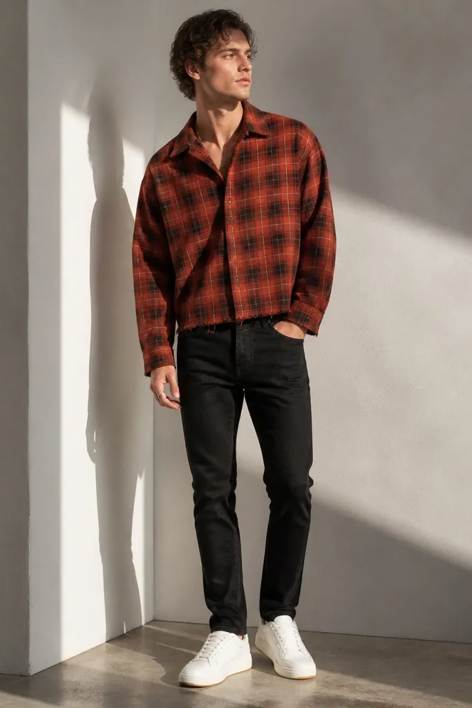 Rust red cropped flannel over dark top with black slim jeans and white sneakers