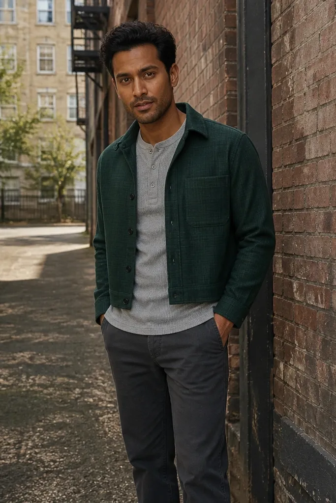 Forest green cropped flannel over light gray henley with charcoal chinos
