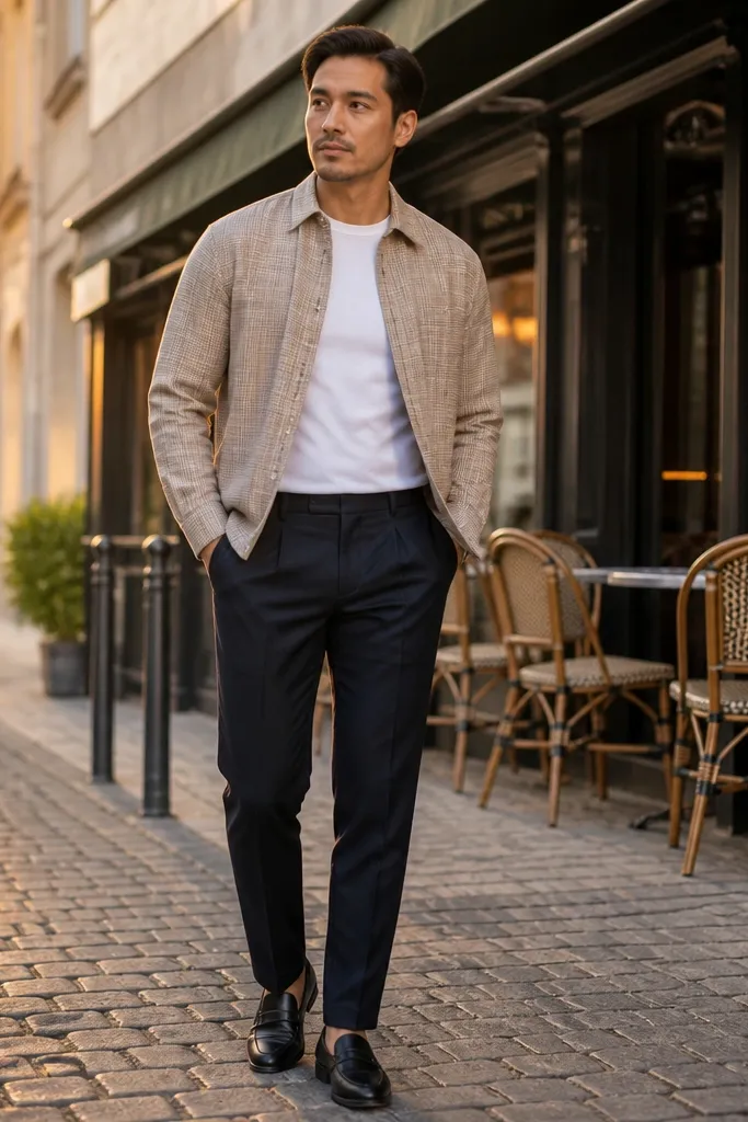 Tan cropped flannel over white tee with navy tapered trousers and brown loafers