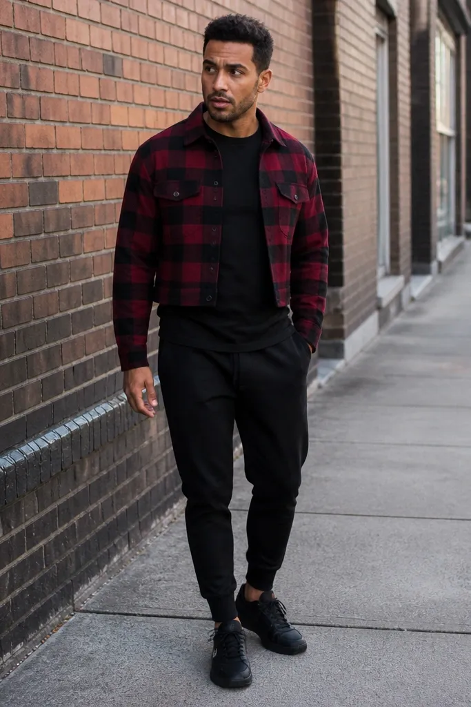 Red and black cropped flannel over black tee with black tapered joggers and sneakers