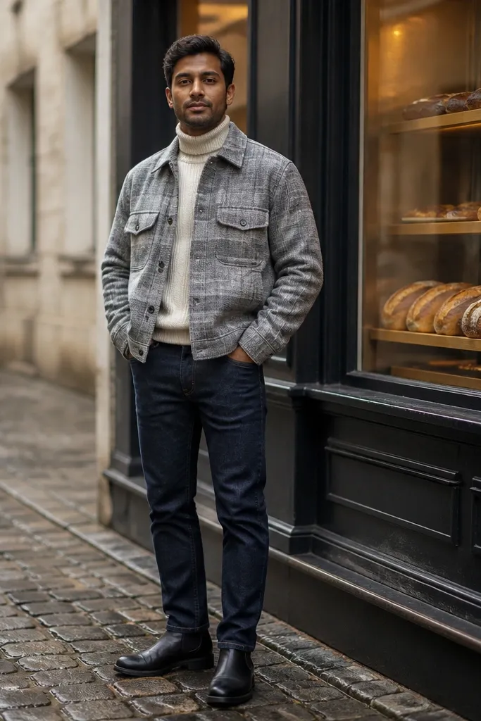 Gray cropped flannel over cream turtleneck with dark denim and black boots