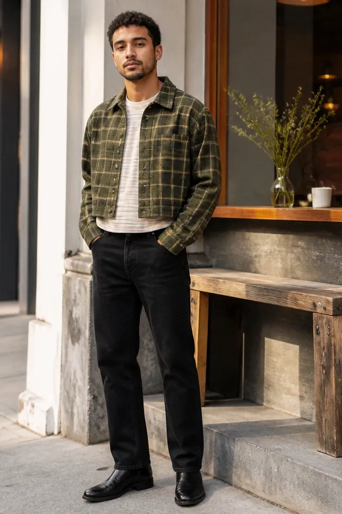 Olive cropped flannel over striped tee with black straight jeans and tan belt