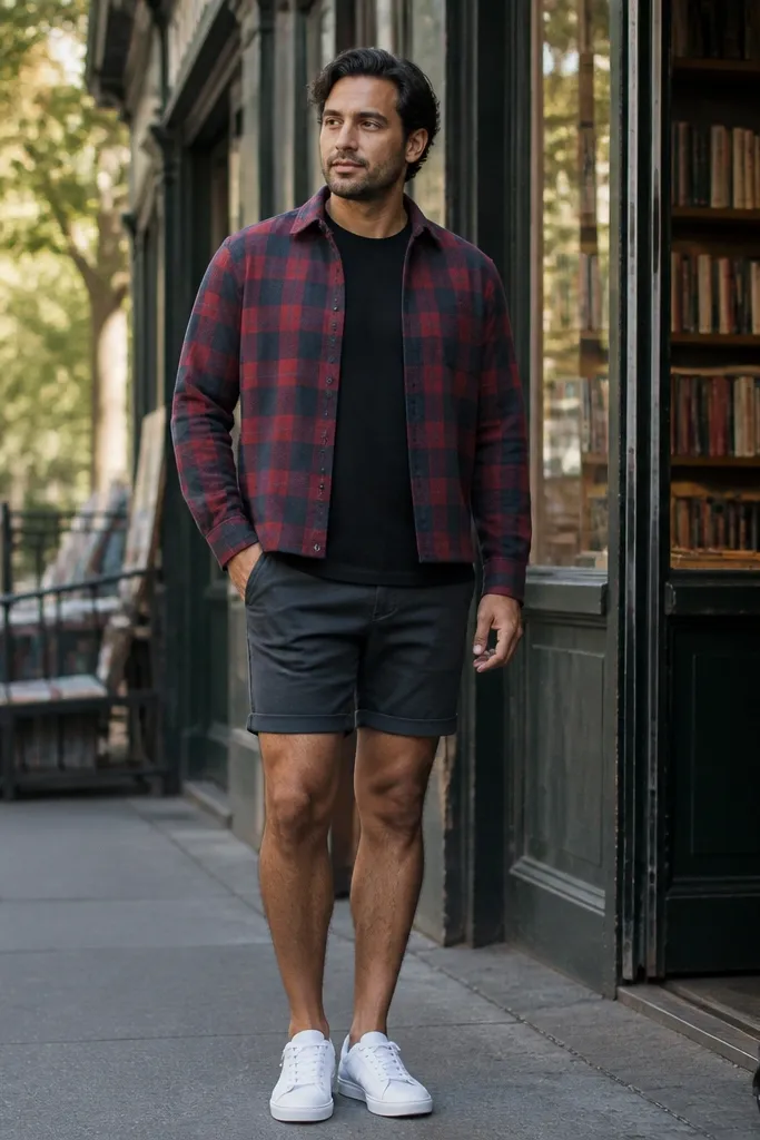 Cropped plaid flannel over long black tee with tailored shorts and dark sneakers