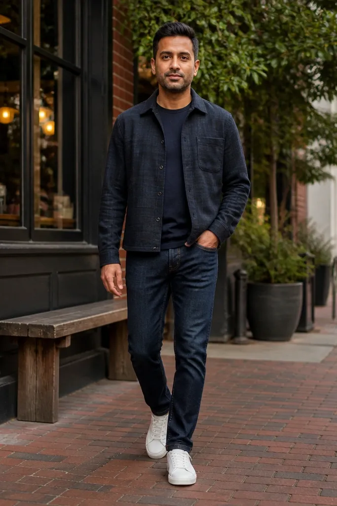 Navy cropped flannel over navy tee with dark jeans and white sneakers