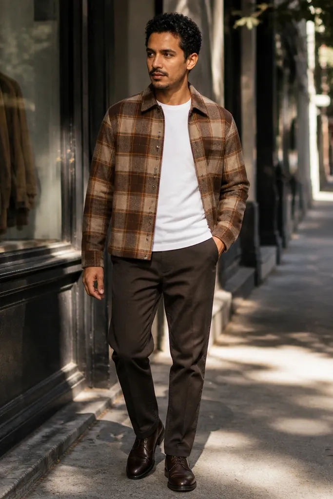 Brown cropped flannel over white long sleeve with dark brown chinos and tan boots