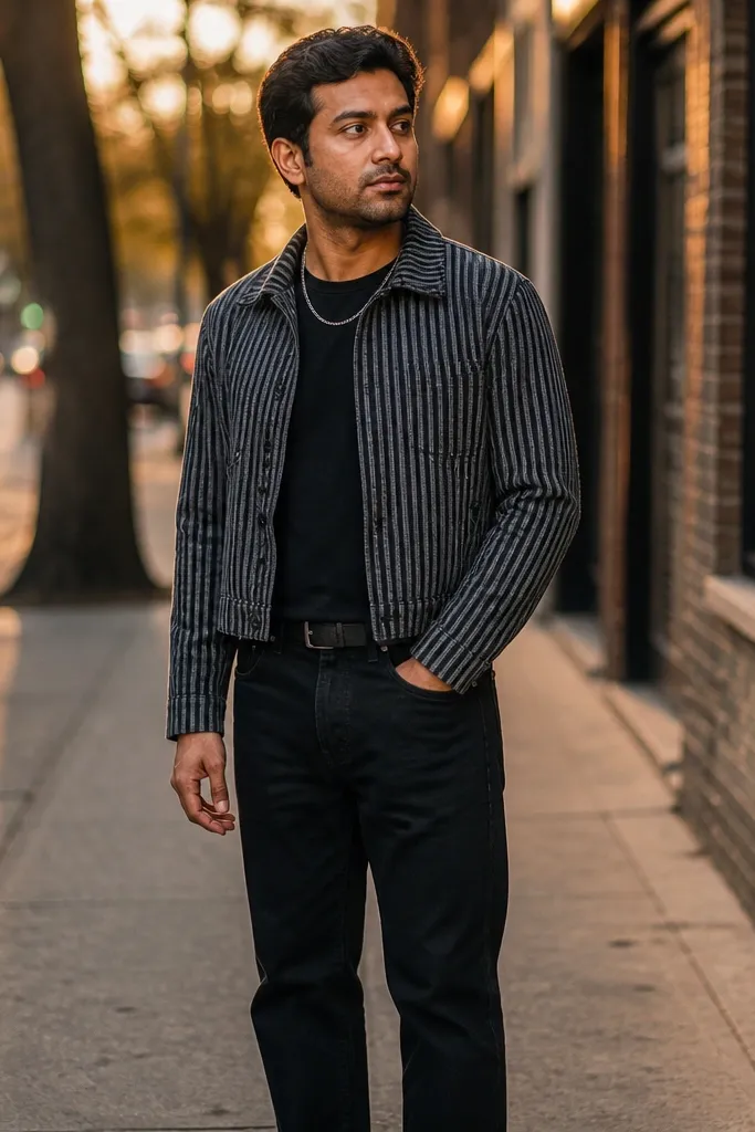 Striped cropped flannel over black tee with black jeans and silver chain