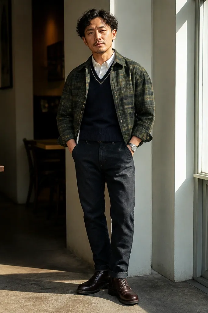 Green cropped flannel over navy sweater vest with dark trousers and boots