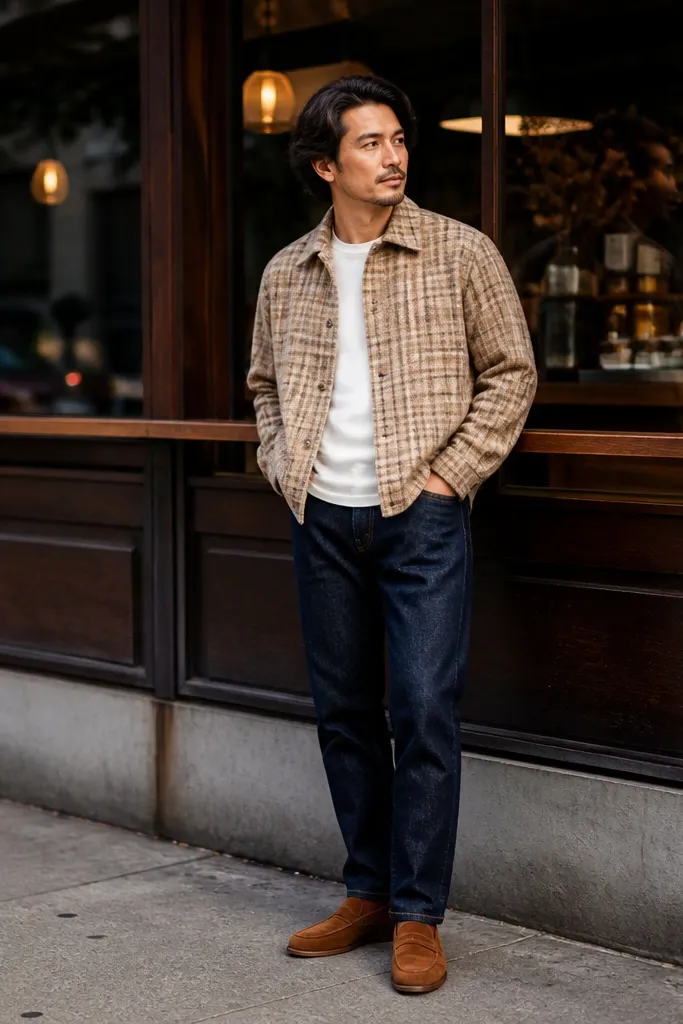 Cream and tan cropped flannel over white tee with dark indigo jeans and suede loafers