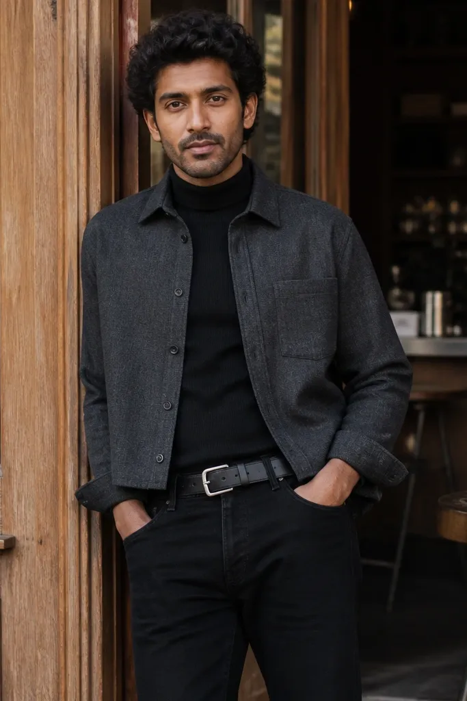 Charcoal cropped flannel over black turtleneck with black jeans and leather belt