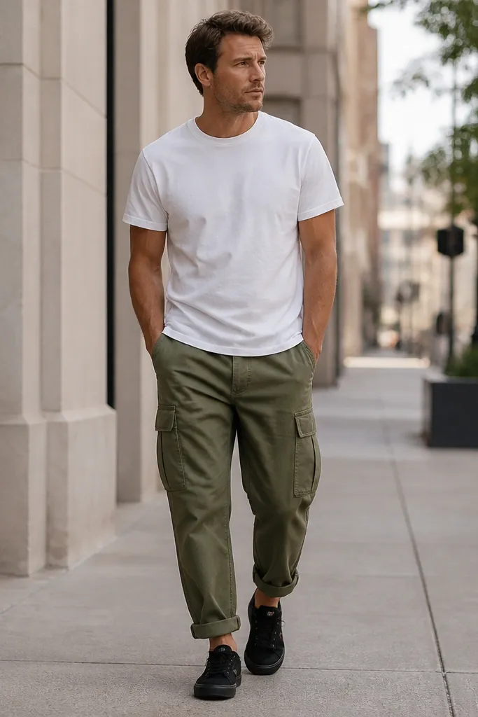 A man wearing olive cuffed cargo pants with a single folded cuff, a crisp white heavyweight crewneck tee, and black low-top sneakers. The pants sit slightly loose through the thigh and taper at the cuff. Background looks like a city sidewalk in daylight.