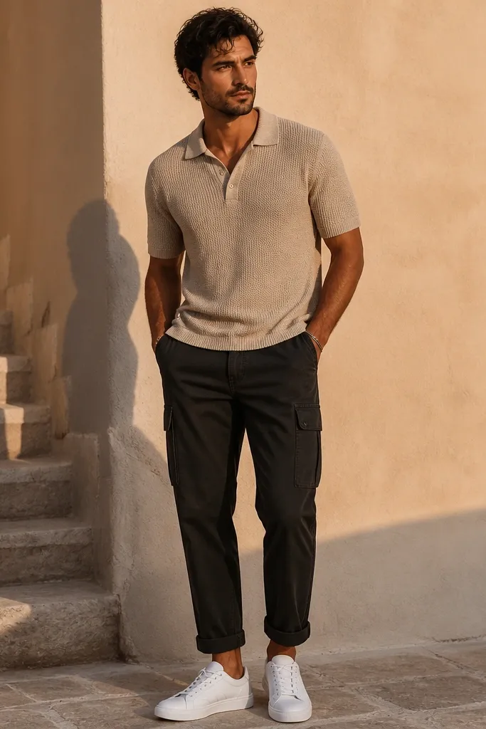 A close-to-mid shot of a man in black cuffed cargo pants, wearing an oatmeal knit polo with a slightly open collar, paired with clean white sneakers. The cuff is visible and even on both legs. The outfit looks like it's for late afternoon.