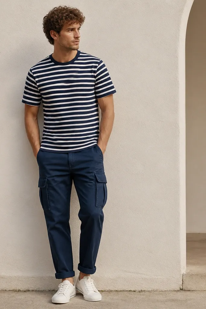 A man in navy cuffed cargo pants with a single cuff fold, wearing a navy-and-white striped crewneck tee, and white canvas sneakers. The stripes are horizontal and evenly spaced.