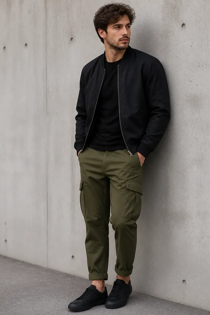 A man wearing olive cuffed cargo pants, a black bomber jacket zipped halfway, and a plain black crewneck tee. Black sneakers finish the look. The cuff shows clearly above the sneaker tongue.