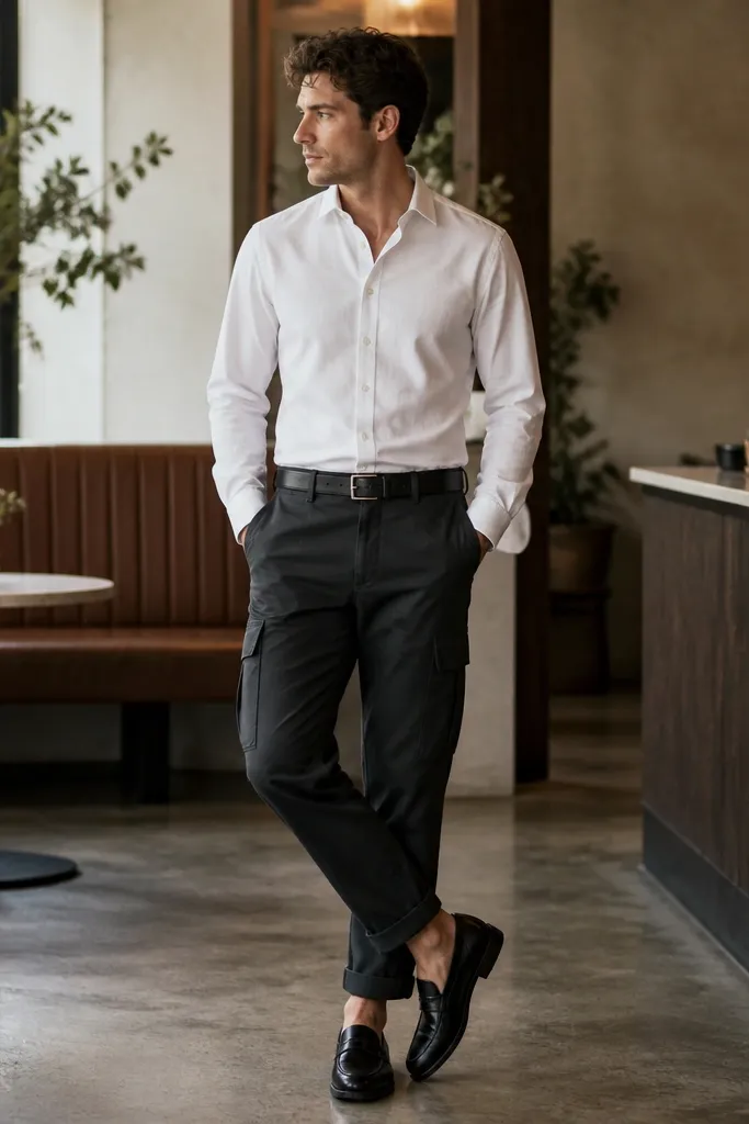 A man in charcoal cuffed cargo pants wearing a white button-down shirt with sleeves down, a black belt, and black loafers. The cuff is folded once and sits above the loafer opening. The background is a café setting.