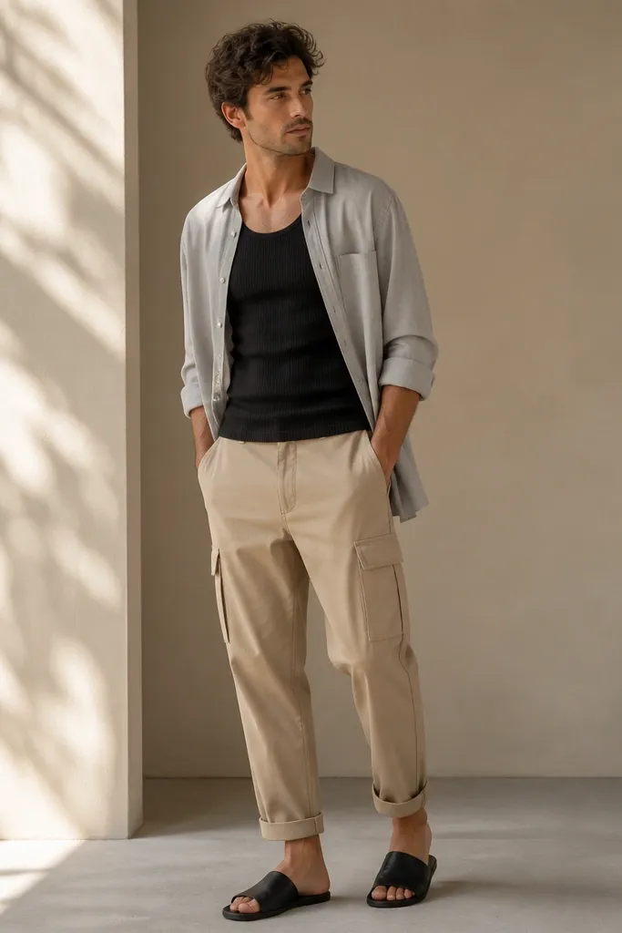 A man wearing sand-colored cuffed cargo pants, a black ribbed tank top, and an open light-gray overshirt. The cuff is clearly visible. He's wearing simple black sandals or slides.