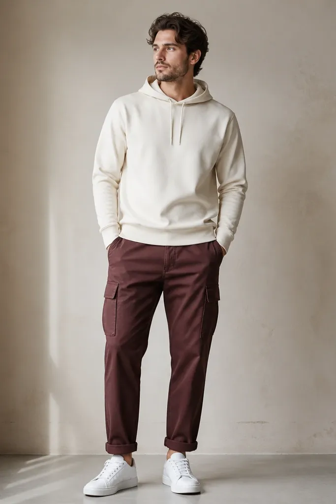 A man wearing burgundy cuffed cargo pants with a single cuff fold, a cream pullover hoodie, and white sneakers. The hoodie has a clean hem and the drawstrings lie flat.