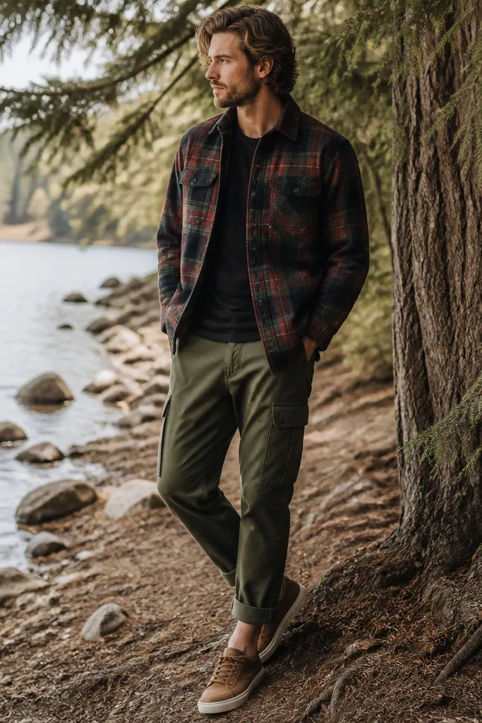 A man in forest green cuffed cargo pants wearing a plaid flannel shirt jacket in red-black-green tones, with a dark tee underneath. The cuff is visible and the shoes look like brown casual sneakers.