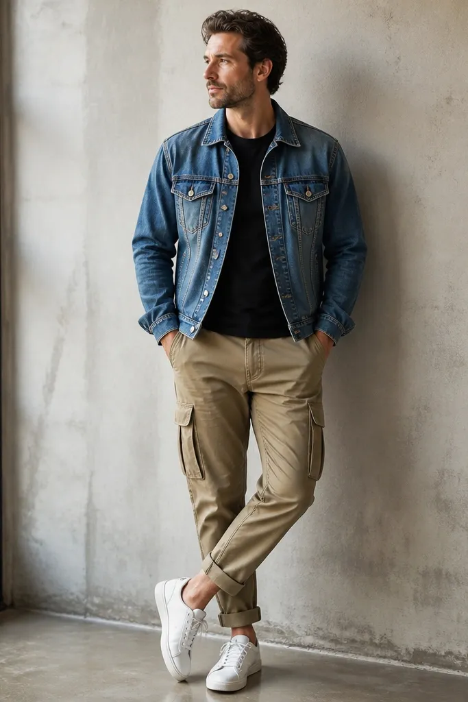A man wearing khaki cuffed cargo pants, a black crew t-shirt, and a medium-wash denim jacket. The cuff is folded and shows above white sneakers or dark shoes.
