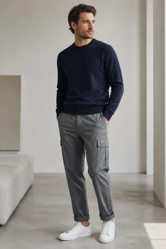 A man wearing heather gray cuffed cargo pants, a navy crewneck knit sweater with ribbed cuffs, and white sneakers. The cuff fold is visible and the sweater sits neatly over the waistband.