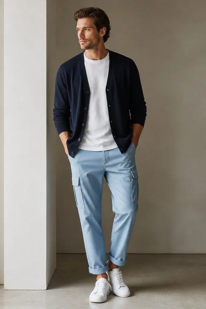 A man wearing light blue cuffed cargo pants, a plain white crew tee, and a navy cardigan worn open. The cuff is folded once and the shoes are simple white sneakers.