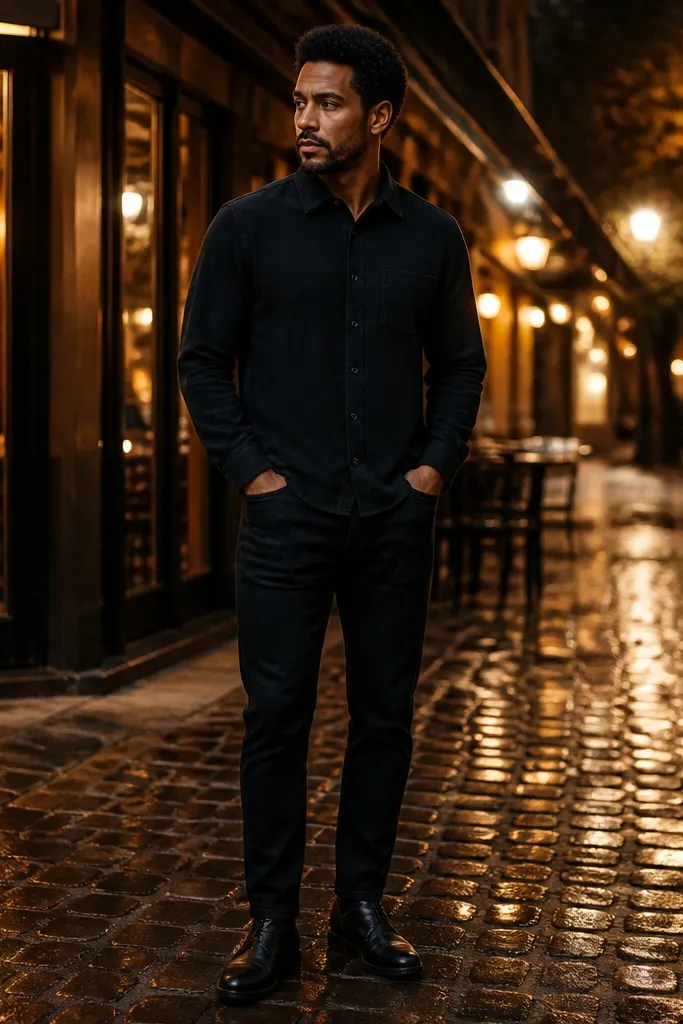 Jet-black flannel button-up worn with slim black jeans and black boots