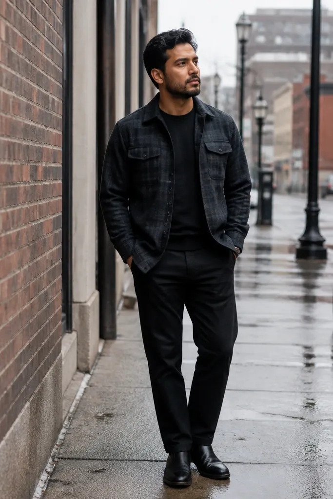 Charcoal-black flannel overshirt over a black tee with black chinos