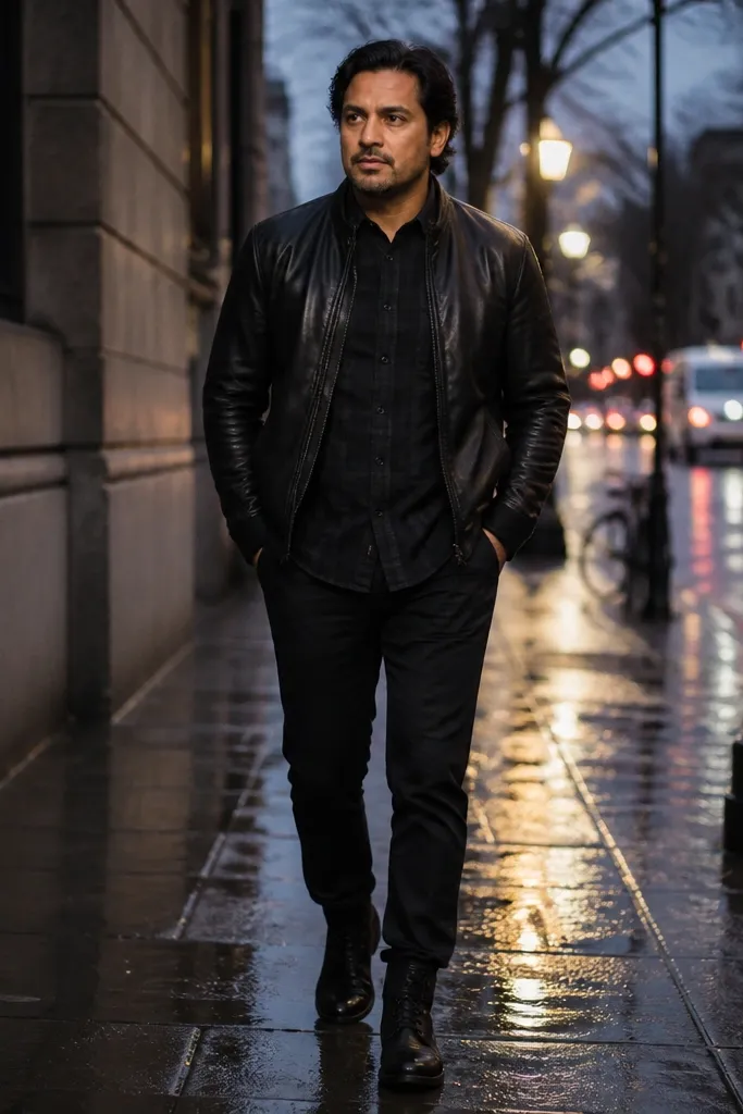 Black flannel shirt layered under a black leather jacket with black pants