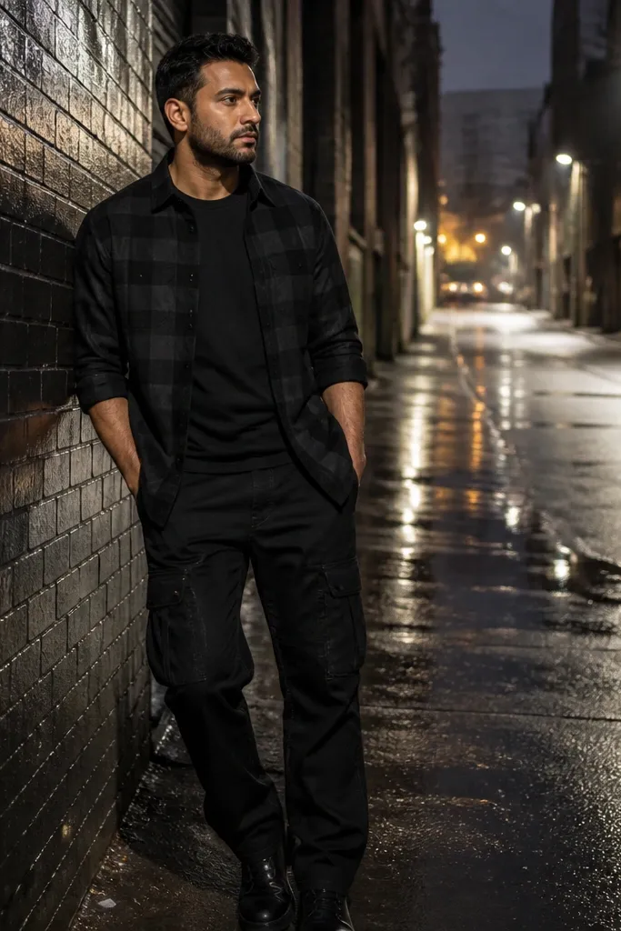 Black flannel layered over a black tee with black cargo pants and boots