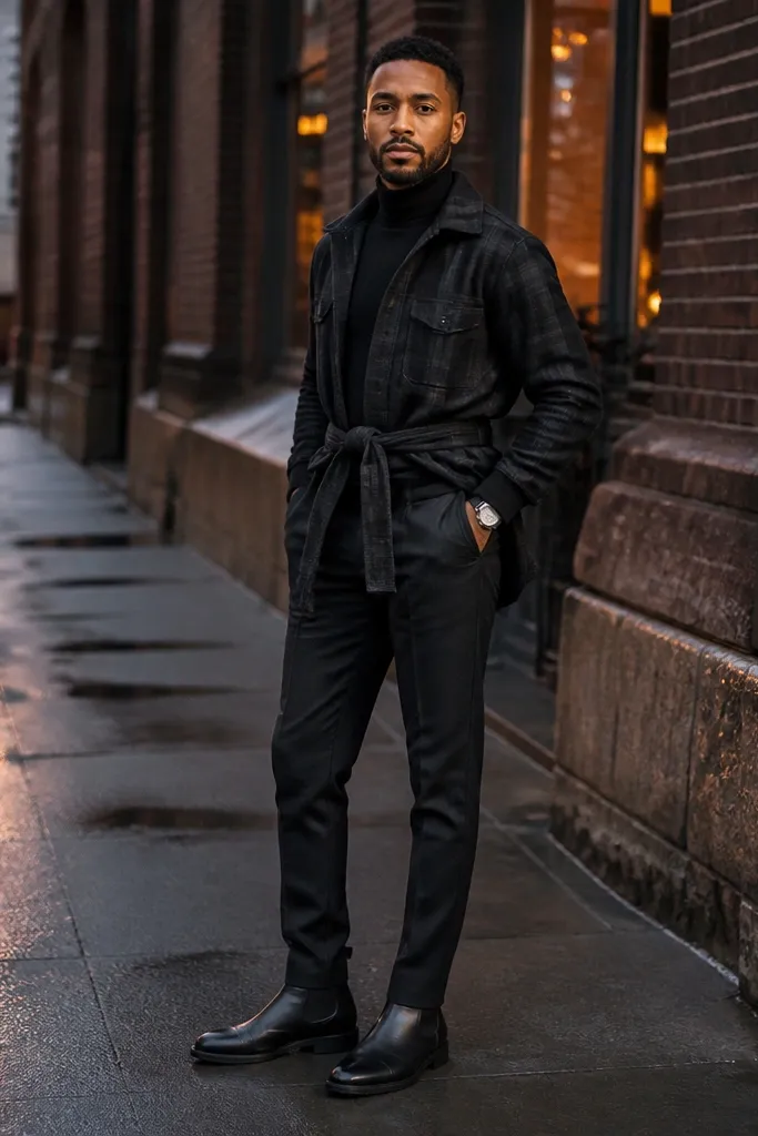 Black flannel tied at the waist over a black turtleneck and black jeans